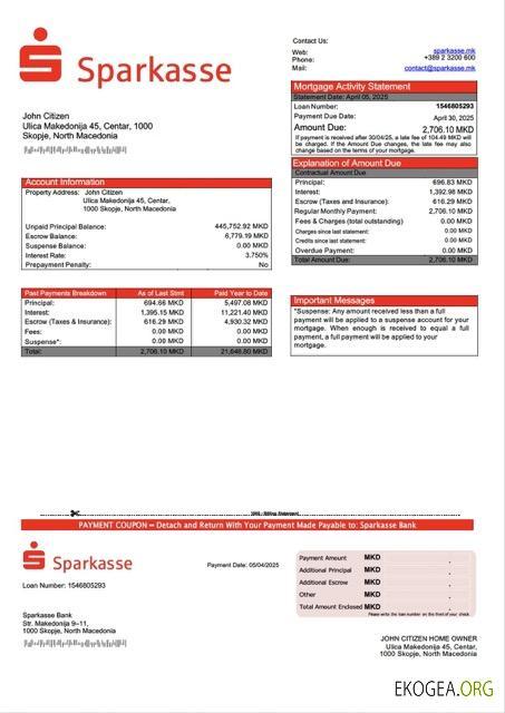 Modèle Word et PDF de relevé hypothécaire de la Sparkasse Bank de Macédoine du Nord